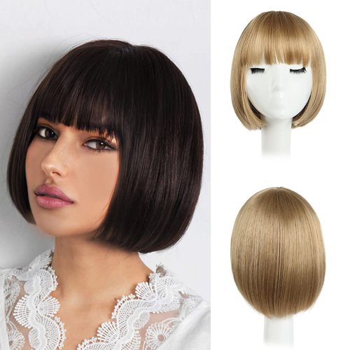 HSPJHTM Pale Blonde Bob Wigs,Short Bob Hair Wigs 10" Straight with Flat Bangs Synthetic Colorful Cosplay Daily Party Wig for Women Natural (Free Wig Cap)