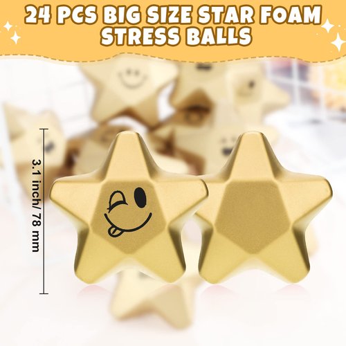 24 Pieces 3.1 Inch Star Stress Balls Gold Star Mini Foam Ball Star Stress Toys Bulk Stress Relief Gifts for Coworkers Adult Goodie Bag Stuffers Teen Party Favors School Office Award (Smile Face)