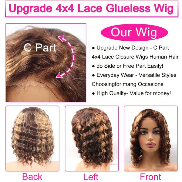 Apeasex Glueless Curly Human Hair Wig 4/27 Highlight Lace Front Wigs Human Hair for Black Women 14 Inch Bob Wig Left Side Part 4X4 Closures