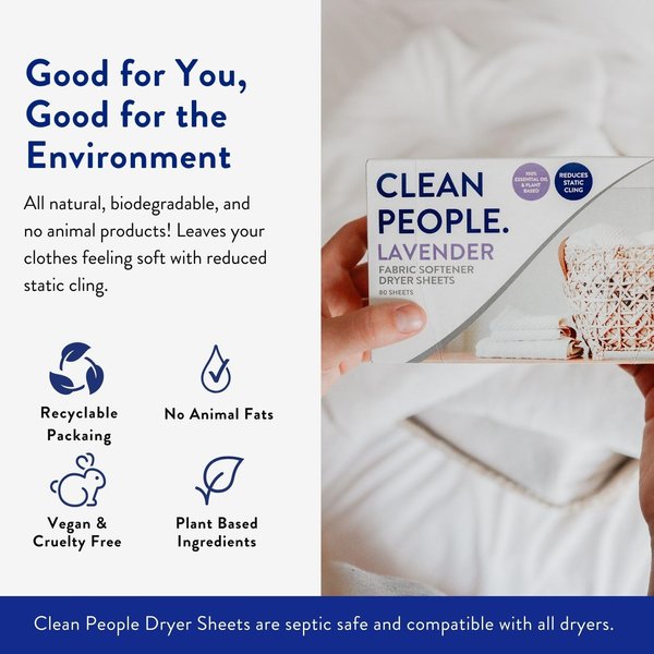 Clean People All Natural Fabric Softener Sheets - Dryer Sheets - Softens & Removes Static - Vegan Laundry Softener With Essential Oils - Lavender, 160 Pack
