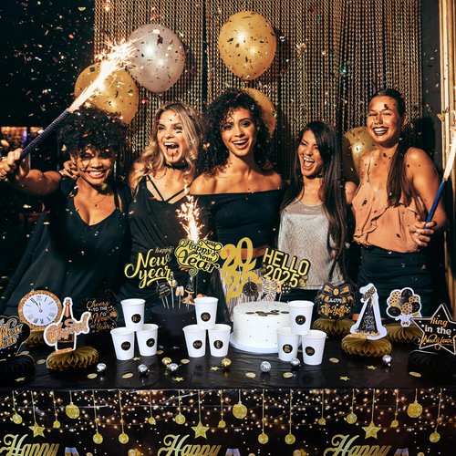 LOLStar New Years Eve Party Supplies 2025, 45pcs Happy New Year Decorations Honeycomb Centerpieces Double Sided Sticks Cupcake Toppers Stickers Tablecloth, Black Gold Eve Party Favors Accessories Kit