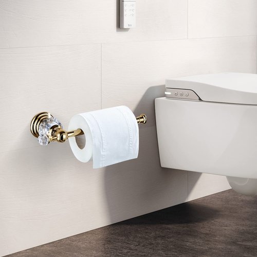 BATHSIR Crystal Toilet Paper Holder, Gold Toilet Roll Holder Modern Bathroom Accessories Zinc Alloy Tissue Hanger Wall Mounted