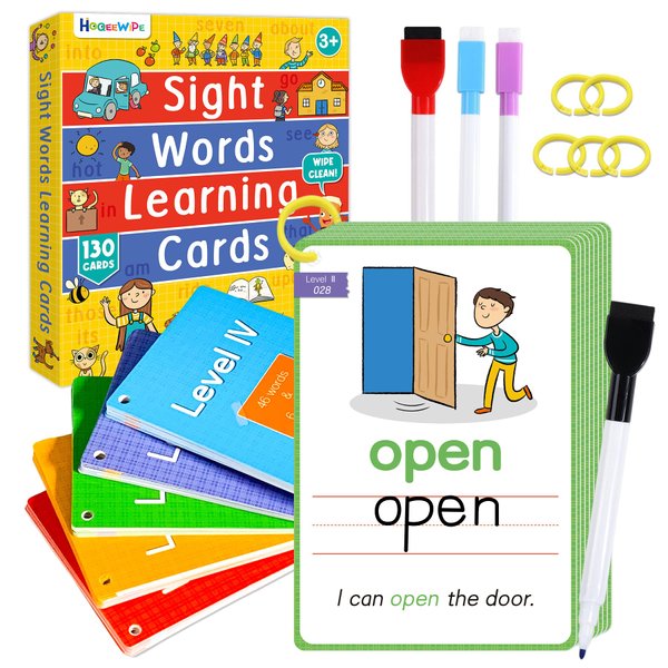 HOQEEWIPE Sight Words Flash Cards Kindergarten, Reusable 250 Dolch Sight Word Games to Learn to Write, Speak and Spell-Classroom Must Haves, Essential Preschool Learning Activities for Kids Ages 3-5