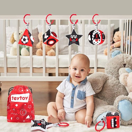 teytoy High Contrast Baby Stroller Toy, Black and White Infant Pattern Toys with Rattle, Easy Clip Hanging Toys, Stroller Crib Carseat Toy, Newborn Baby Toys for 0 3 6 9 12 Month