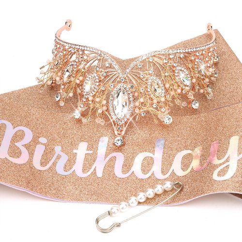BAHABY Rose Gold Birthday Crowns for Women, It's My Birthday Sash & Rhinestone Birthday Tiara Set Princess Birthday Sash and Headbands for Women Girls Birthday Party Decorations