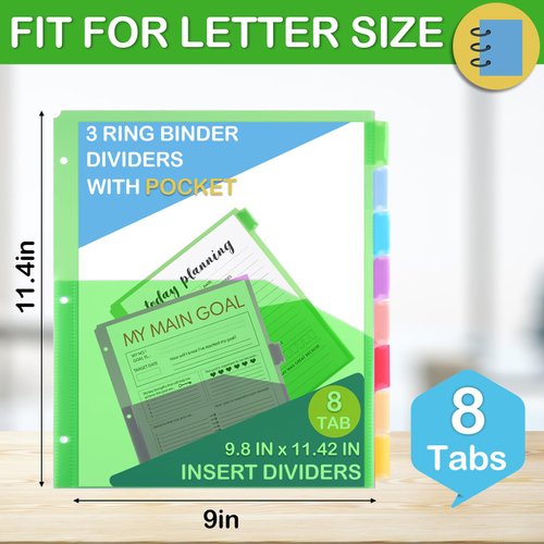 8 Tab Binder Dividers with Pockets, Plastic Dividers for 3 Ring Binders with Pockets, Premium Dividers with Pockets for Document Indexing and Protection, Insertable Big Tabs, Letter Size, Multicolor