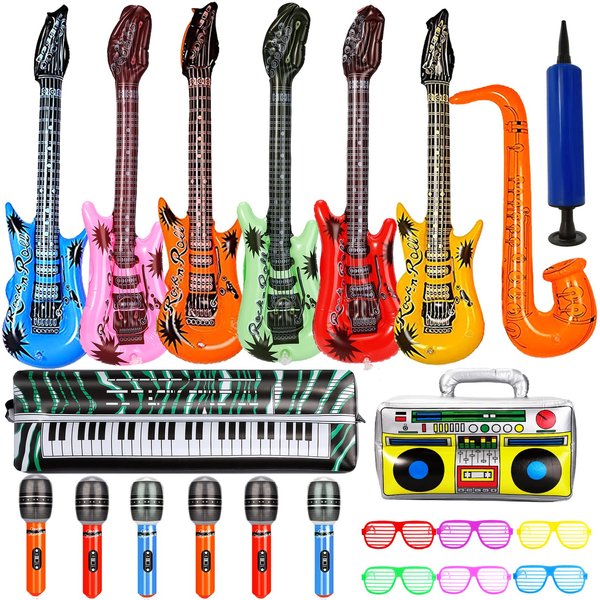smilixin 22 Pack Inflatable Guitar,Blow Up Guitar,Inflatable Rock Star Toy Set,6 Inflatable Guitars,6 Microphones,6 Shutter Shading Glasses,1 Saxophone,1 Inflatable Piano,1 Inflatable Recorder