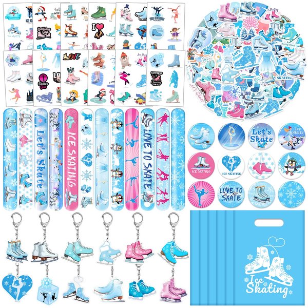YYMYMGJ 110 PCS Ice Skating Skate Party Favors, Winter Ice Skating Skate Stickers Temporary Tattoos Slap Bracelets Keychains Badges Gift Bags Ice Skating Birthday Party Decorations Supplies for Kids