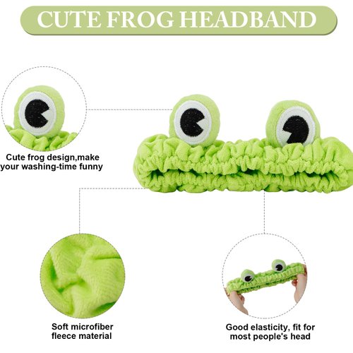 SuPoo Green Frog Face Wash Headband Funny Skincare Spa Head Bands Cute Puffy Makeup Headbands for Women Stretchy Frog Eyes Hair Wrap Hair Band for Washing Face Shower Hair Accessories