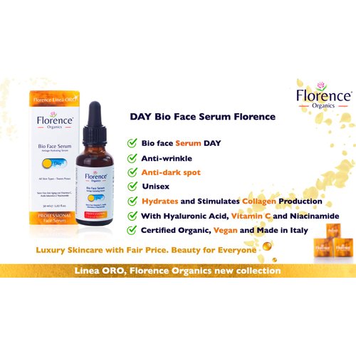 Organic Face Serum, Anti Aging, Hydration Professional Face Serum with Vitamin C, Hyaluronic Acid for Face, Neck and Eye Contour, 30 ml., Florence Organics