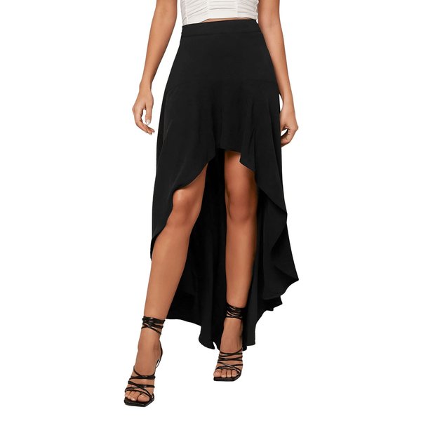 Verdusa Women's Elastic Waist Asymmetrical High Low Flared Maxi Skirt Black XL
