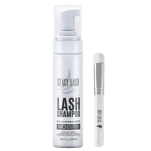 STACY LASH 6.76 fl.oz / 200ml Eyelash Extension Shampoo + Brush/Eyelid Foaming Cleanser/Wash for Extensions & Natural Lashes/Safe Makeup Remover/Supplies for Professional & Home Use