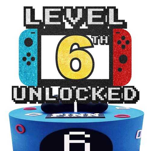 Level 6th Unlocked Cake Topper - Level 6th game Sign Theme Party Decorations 6th happy Birthday Level Up Cake Decorations for Video Game Themed Kids Boy Girl Party Supplies