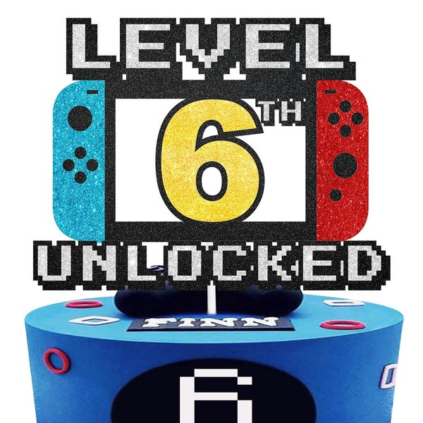 Level 6th Unlocked Cake Topper - Level 6th game Sign Theme Party Decorations 6th happy Birthday Level Up Cake Decorations for Video Game Themed Kids Boy Girl Party Supplies