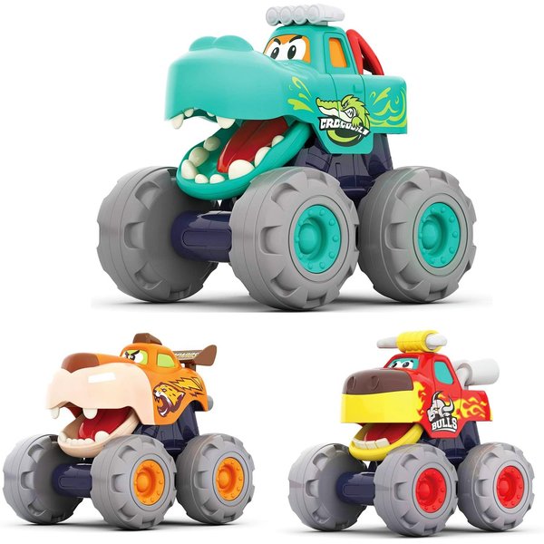 MOONTOY Toy Cars for 1 2 3 Year Old Boys, 3 Pack Friction Powered Cars Pull Back Toy Cars Set - Bull Truck, Leopard Truck, Crocodile Trucks, Push and Go Toy Cars for Toddler Boys Baby Gift.