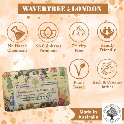 Wavertree & London Sandalwood Patchouli Scented Natural Soap Bar, 7oz Moisturizing French Triple Milled Soap Bar for Women & Men enriched with shea butter - For All Skin Types