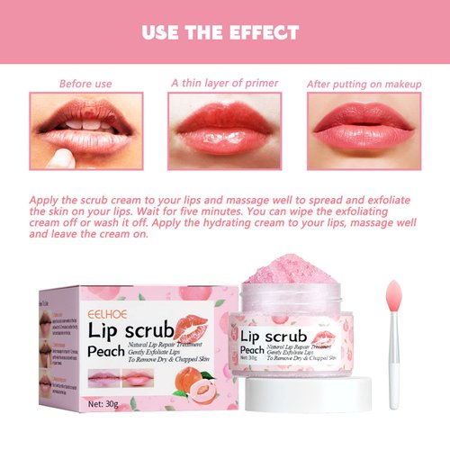 Lip Scrub, Lip Scrubs Exfoliator and Moisturizer with Lip Brush, Natural Gentle Lip Treatment, Peach Sugar Lip Scrub for Dry, Cracked and Dark Lips