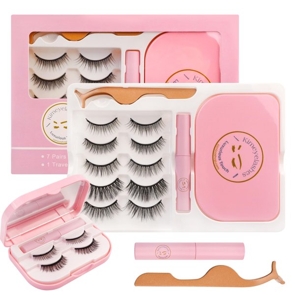 Upgraded Magnetic Eyelashes and Eyeliner Kit Natural Look 3D 10D, Wispy, Cat Eye, Dramatic Soft False Lashes 7 Pairs with Travel Case Easy to Wear Reusable Lashes Waterproof Long Lasting Kimeyelashes