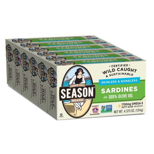 Season Sardines in Olive Oil – Skinless & Boneless, Wild Caught, 22g of Protein, Keto Snacks, More Omega 3's Than Tuna, Kosher, High in Calcium, Canned Sardines – 4.37 Oz Tins, 6-Pack