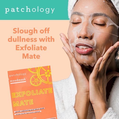 Patchology Exfoliating Face Mask - Exfoliate Mate Facial Masks - Smooth and Brighten skin, Gently remove dead skin cells and unclog pores, Papaya and Lactic Acid Serum - (4 Ct)