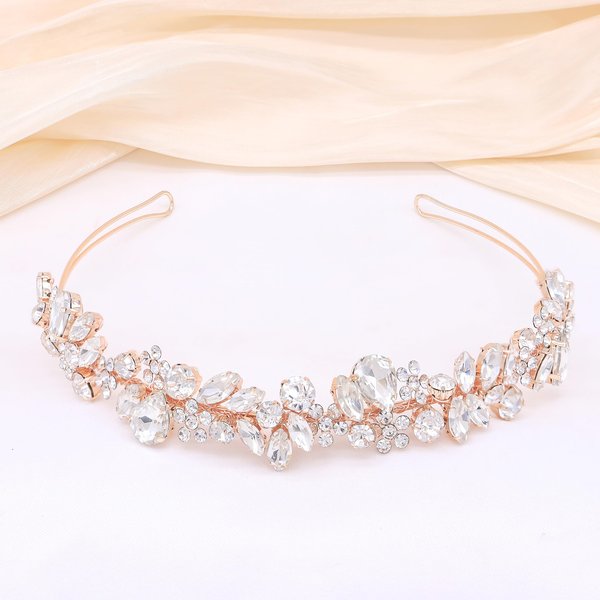Oriamour Crystal Wedding Headbands Handmade Bridal Headpieces For Bride Flower Girl Wedding Hair Accessories For Bridesmaids Prom Party (Rose Gold)
