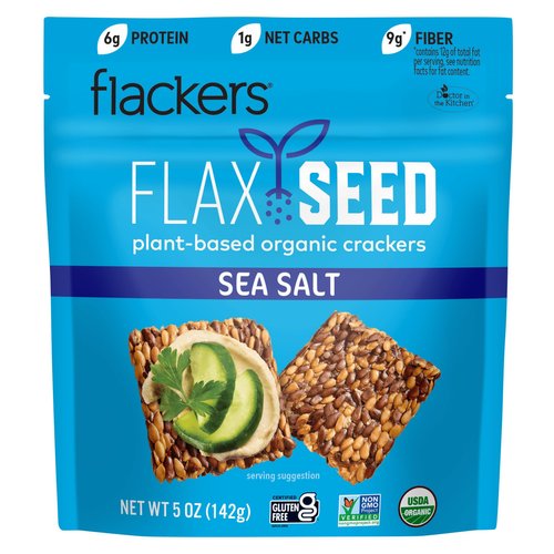 Flackers Organic Sea Salt Flaxseed Crackers, Gluten Free, Non GMO, Vegan, Keto Snack, 9g Fiber, 1g Net Carb, 5 Ounce 1-Pack