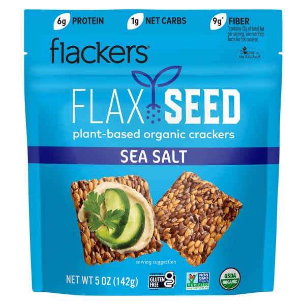 Flackers Organic Sea Salt Flaxseed Crackers, Gluten Free, Non GMO, Vegan, Keto Snack, 9g Fiber, 1g Net Carb, 5 Ounce 1-Pack