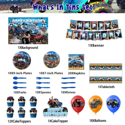 Heidaman 104Pcs Monster Truck Decorations，Monster Truck Birthday Party Supplies，Monster Truck Party decorations，Include Balloons,Backdrop,Banner, Cake Toppers，Tableware, Tablecloth