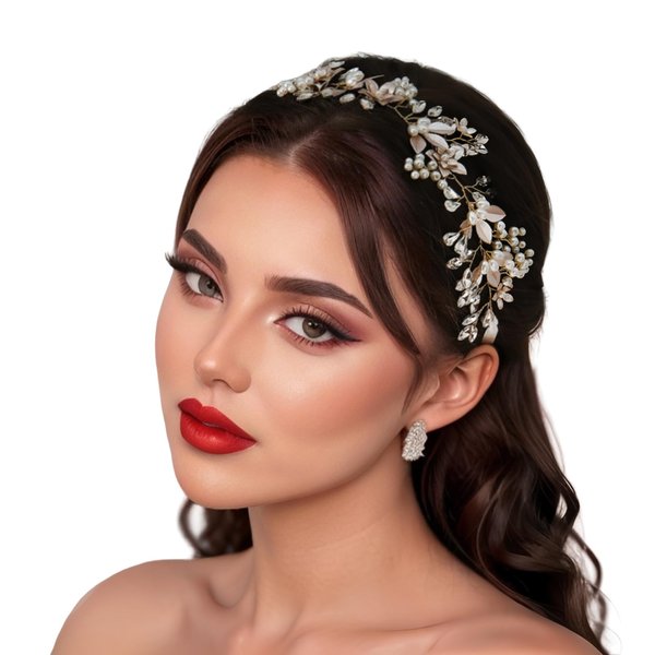 LOVFOIVER Crystal Bridal Headpieces for Wedding Alloy Flower Pearl Hair Vine Bride Headband Wedding Hair Accessories for Women and Girls (Gold)…
