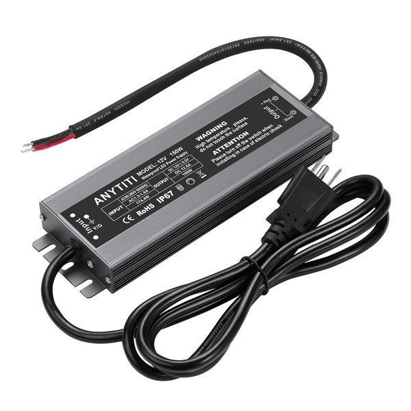 ANYTITI LED Driver,LED Power Supply IP67 Waterproof Output 150W DC12V 12.5A 3-Prong Plug 4.5feet