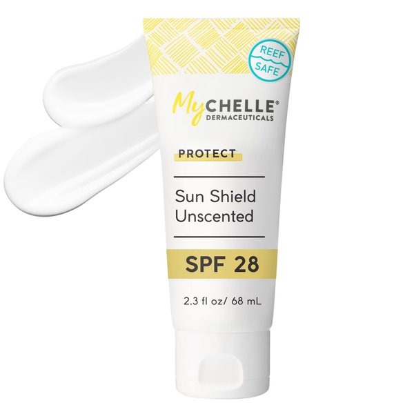 MyCHELLE Dermaceuticals Sun Shield SPF 28 Unscented (2.3 Fl Oz) - Soothing Reef Safe Sunscreen with Vitamin E and Aloe - TSA Approved. Liquid Zinc Sunscreen for Face and Body