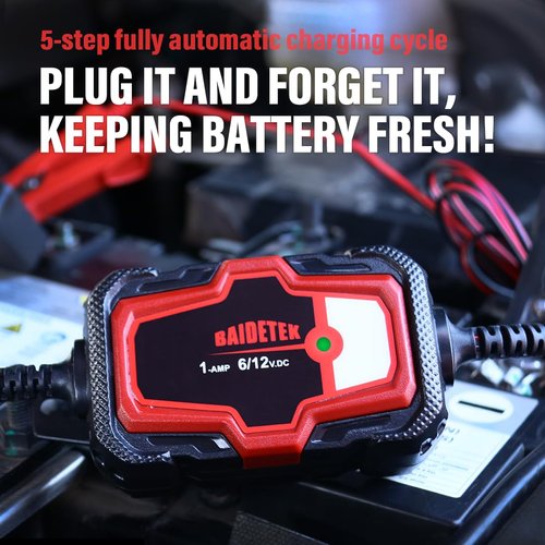 BAIDETEK 1A Car Battery Charger, 6V and 12V Fully Automatic Trickle Charger, Smart Battery Maintainer for Cars, Motorcycle, Boat, Truck, Lawn Mower, Marine Lead Acid Batteries