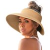 FURTALK Sun Visor Hats for Women Wide Brim Straw Roll-Up Ponytail Summer Beach Hat UV UPF Packable Foldable Travel Khaki