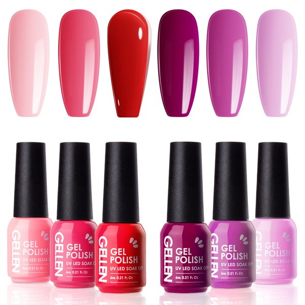 Gellen Burgundy Red Gel Nail Polish Set, 6 Colors Purple Gel Nail Polish Colors Art Manicure, Red Tone Gel Nail Polish Set for Salon Professional DIY