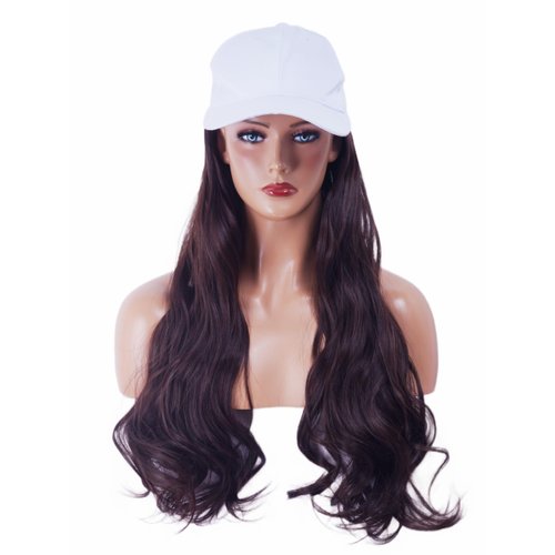 NJJYXH White Hat Wig for Women Long Wavy Baseball Cap Wig with Curly Hair Extensions Synthetic Reddish Brown Wig Adjustable Baseball Hat