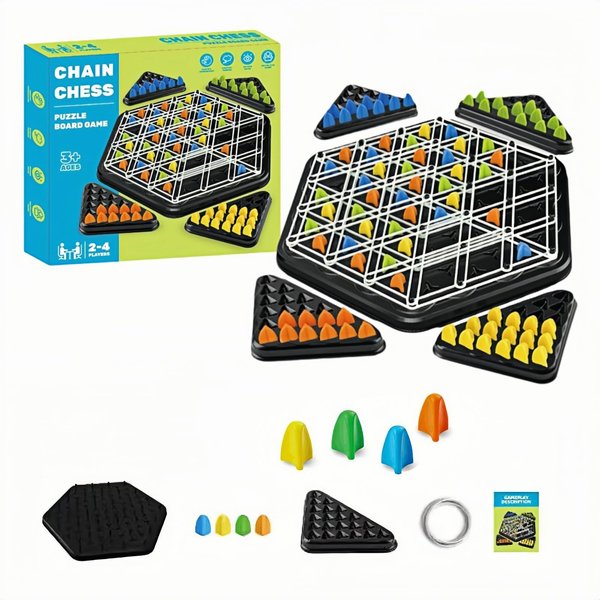 KKPOT Chain Triangle Chess Game,Triggle Rubber Band Board Game, Family Games for 2 to 4 Players (Hexagonal B)