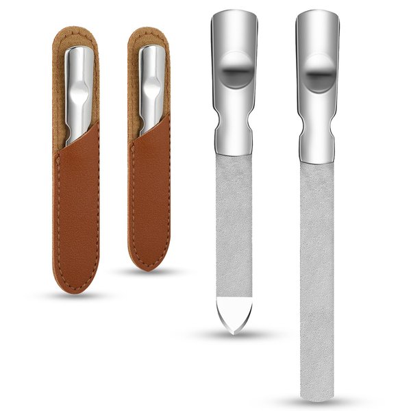 2Pcs Metal Nail File with Leather Sheath Case, Stainless Steel Nail Files for Natural Nails, Double Sided Reusable Nail File Manicure Tool Home Salon Travel Use