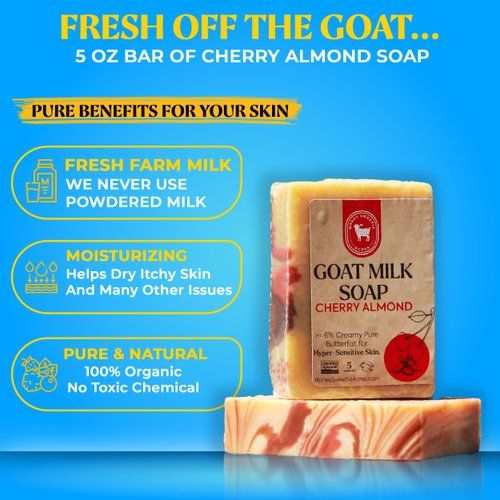 Honey Sweetie Acres Fresh Off The Goat All Natural Moisturizing 5 Oz Bar Of Handmade Cherry Almond Goat Milk Soap