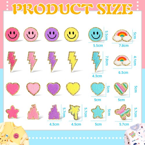 Yilloog 24 Pcs Chenille Patches Cute Iron on Patches Rainbow Heart Smile Face Castle Anchor Star Patches Applique Sew on Patches for Jackets Clothing Fabric(Fresh Style)