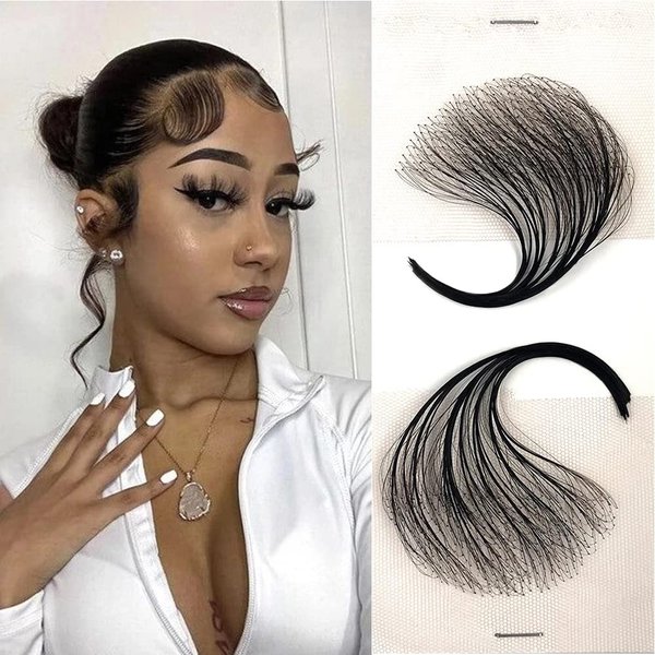 Mcclay Edges Hair Top Swiss HD Lace Edges Hair Extensions, Soft & Natural Fake Baby Hair Edges for Women, Handmade Real Human Hair Pieces, Natural Black Color 2 Pcs
