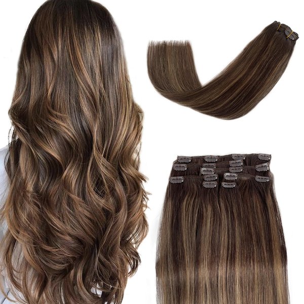 Clip in Hair Extensions, Ombre Brown Highlights Clip in Hair Extension Real Human Hair 70g 7pcs 20 Inch Double Weft Soft Straight Remy Human Hair Extensions Clip ins