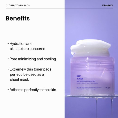 Frankly Closer Toner Pads 70pcs | Pore Minimizing & Moisturizing Jelly Pads for Smooth Skin | 9 Peptides, Vegan Collagen & Rice Extract | Vegan, Biodegradable, All skin types, Korean Skincare