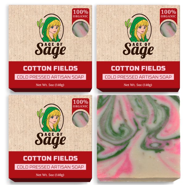 Age of Sage Natural Bar Soap for Women - Vegan Bath Soap Bars Gift Set - Handmade Cold Process Artisan Soap with Essential Oil, Aromatic Moisturizing Wash Soaps, Fragrant Cotton Fields Scent (4 Pack)