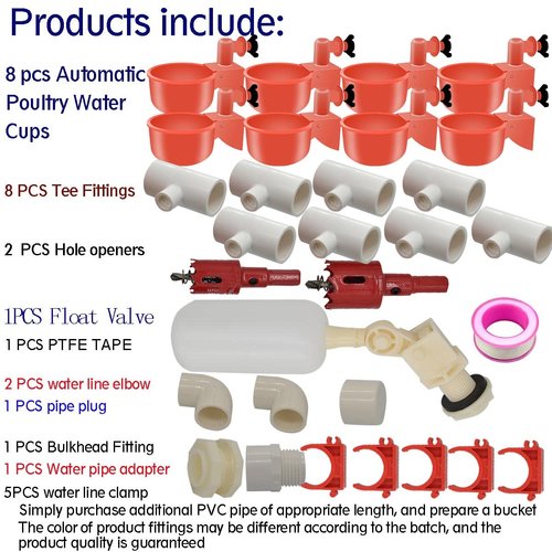 Complete Set Pipeline Automatic Chicken Nipple Waterer Cups and 1/2" PVC Tee Fittings Pipe Feeder Poultry Waterer Chicken Waterer Chicken Water Cup Chicken Waters Chicken Watering System