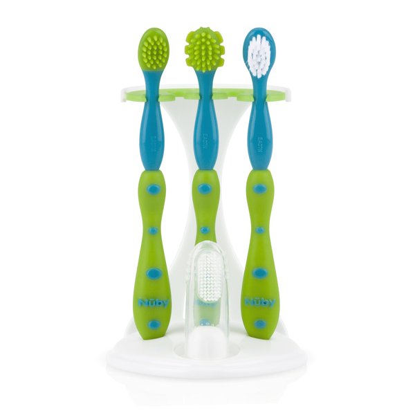 Nuby 4-Stage Oral Care Set with 1 Silicone Finger Massager, 2 Massaging Brushes, 1 Nylon Bristle Toddler Tooth Brush, Green/Aqua