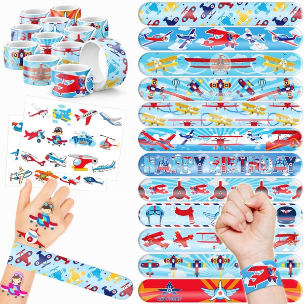48PCS Airplane Party Favors 24PCS Tattoos 24PCS Slap Bracelets Wristbands Themed Birthdays Party Supplies Decorations Decor Pattern Girls Boys Gifts School Classroom Prize Carnival Christmas Reward