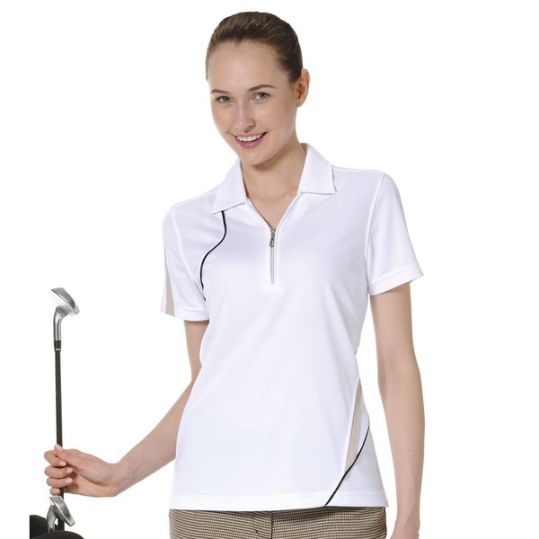 Monterey Club Women's Asym Contrast Zip Polo Shirt #2281 (White/Khaki, Small)