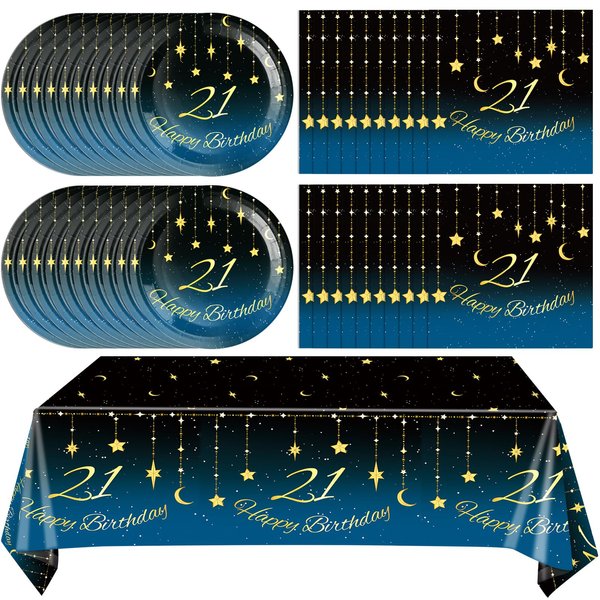 21th Birthday Party Decorations, 41Pcs Starry Sky Party Tableware Set Includes 20 Plate 20 Napkins and 1 Tablecloth, 21 Years Old Birthday Theme Party Supplies for Boys Girls Birthday Party Favors
