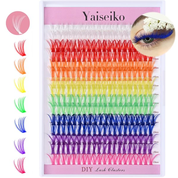 Colored Lash Clusters 300Pcs Individual Lashes D Curl 14mm/16mm Mixed 8 Colors Rainbow DIY Eyelash Extension Colorful Cluster Lashes with White Eyelash Clusters Pack