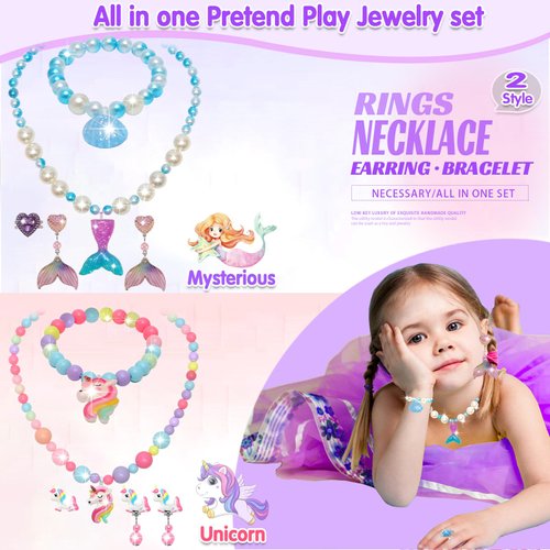Kids Toys for Ages 5-7 Girls Jewelry Box, Toddler Toys For Girls 8-10, Clip on Earrings Adjustable Rings, Unicorn and Mermaid toys for Pretend Play & Dress up 3 4 5 6 Kids Birthday Christmas Gifts